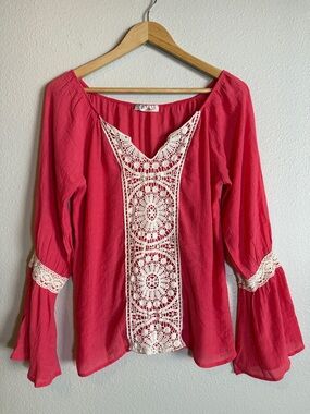 Boho Crochet Lace Bell Sleeve Peasant Top Festival Cottagecore Large Miin